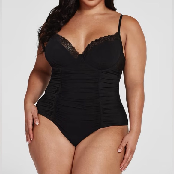 Fashion to Figure Tops - Fashion to Figure Black Mesh Ruched Bodysuit Size 0 (XL) NWT